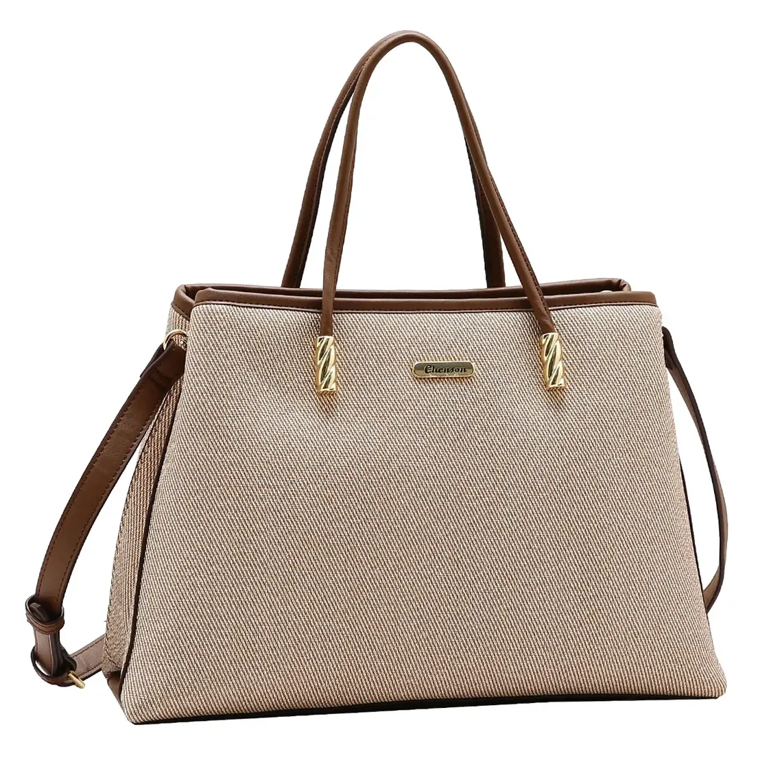 Bolsa feminina Chenson nude com acabamento em tecido texturizado e detalhes em metal dourado